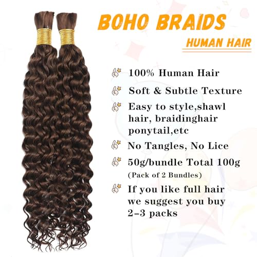 Human Braiding Hair Water Wave Bulk Human Hair For Braiding No Weft Wet And Wavy Human Hair Braiding Hair Extensions For Boho Braids 2 Bundles Human Hair Per Pack 100g (26inch, #4)