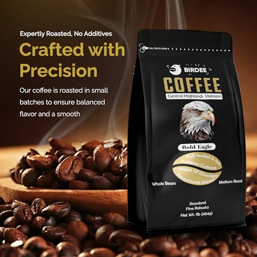 Birdee Vietnamese Coffee – 1 LB, Medium Roast Whole Bean, 100% Robusta, Low Acid, High Caffeine, Single-Origin, Fine Robusta Standard, Hand-picked