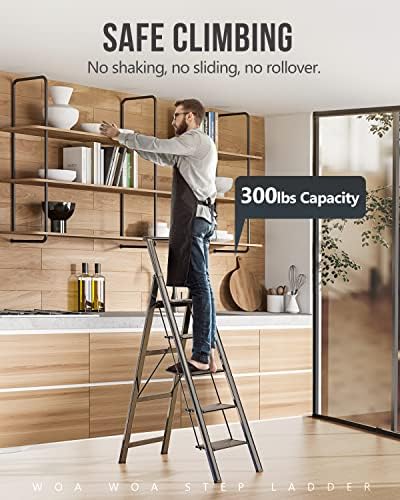 WOA WOA 5 Step Ladder, Ladders for Home, Anti-Slip Pedals, Aluminum Step Stool Foldable, Lightweight to Move, Ease of Storage, Reach 10ft for Closet Kitchen Library, Hold 300lbs - Black