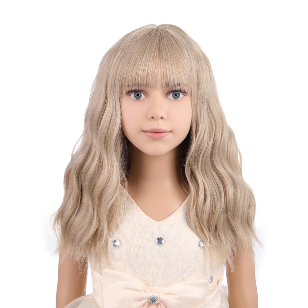 PATTNIUM Blonde Wig Short for Kids Girls Wavy Wig with Bangs Child Flaxen Blonde Wigs Synthetic Cosplay Halloween Party Costume Wigs (Flaxen Blonde)