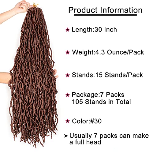 Leeven 30 Inch Boho Soft Locs 7 Packs Distressed New Faux Locs Crochet Braids Hair Brown Pre Looped Natural Butterfly Locs Messy Goddess Locs Curly Wavy Synthetic Hair for Women 15 Strands/Pack #30