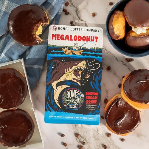 Bones Coffee Company Megalodonut Flavored Coffee Beans, Medium Roast Ground Coffee Low Acid, Boston Cream Donut Flavor (12 oz)