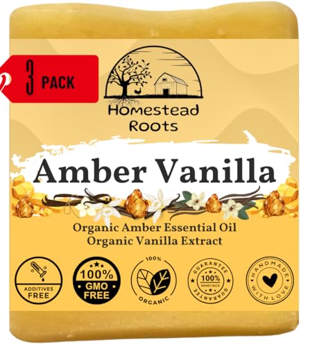 '-Amber Vanilla- Handcrafted with Grass-Fed Beef Tallow and Organic Oils - Scented with Organic Essential Oils - Artisanal Bar Soap - 3 Pack - Each Bar Unique