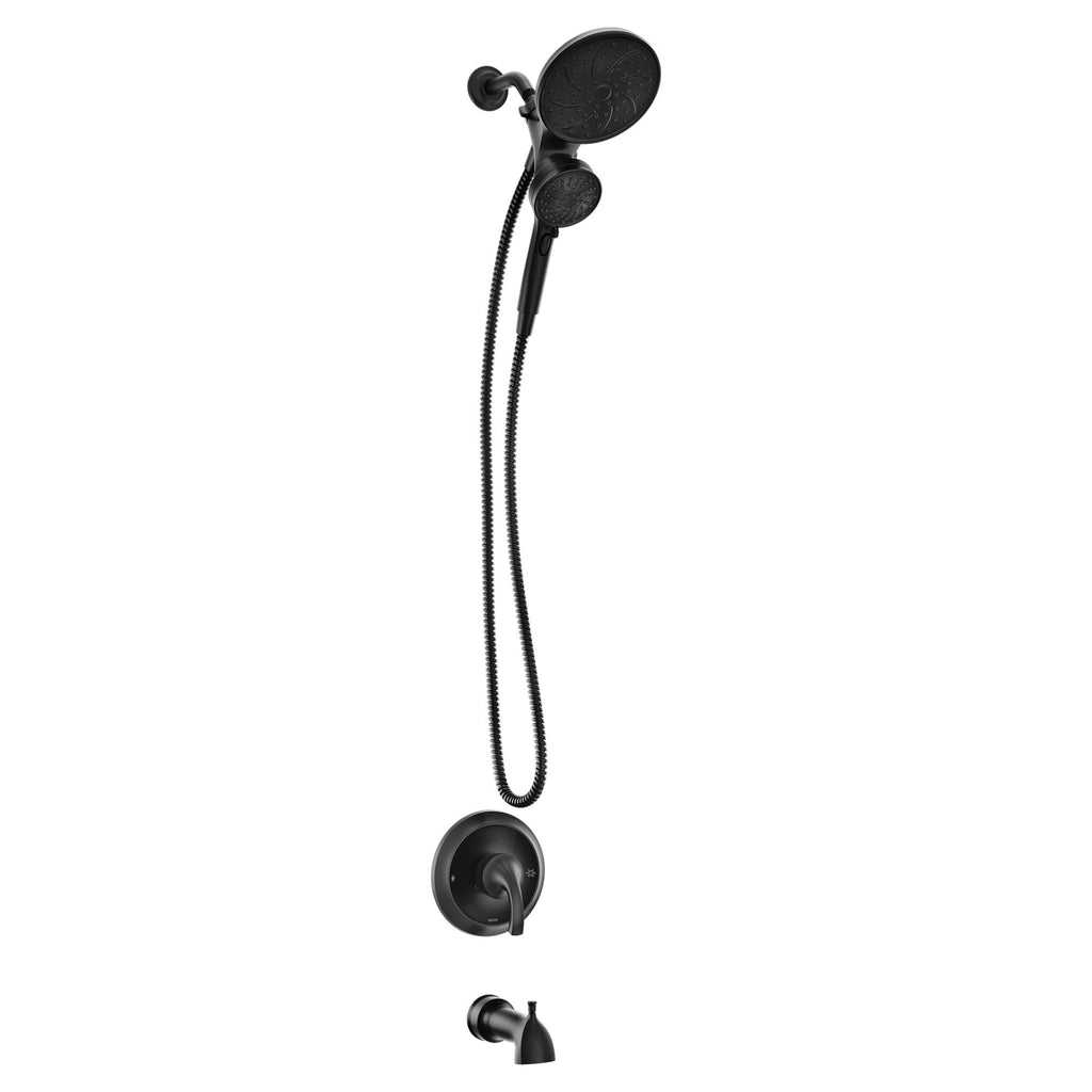 Moen Engage Magnetix Matte Black Multi-Function Handshower and Rainfall Shower Head Trim Combo with Shower Handle, Tub Spout, Metal Hose, and Valve, 82304BL