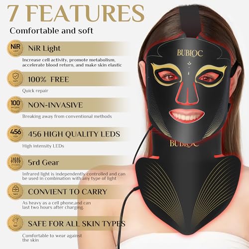 Red Light Therapy Mask Set, Five-Level Brightness Adjustment for Face and Neck, 630nm Infrared Light + 850nm Near-Infrared Light Mask Phototherapy, Portable Mask with Power Storage, Black