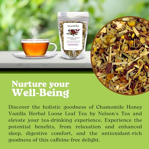 Nelson's Tea Chamomile Honey Vanilla - Herbal Loose Leaf Tea, Curated Blend with Honeybush, Chamomile, Lemongrass, Licorice Root, Toasted Coconut, and Bee Pollen - Perfect for Bedtime Brew (16 oz)