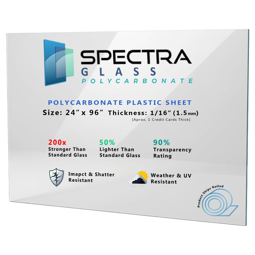 Spectra Glass Clear Polycarbonate Rolled Plastic Sheet. Stronger Than Plexiglass Sheets. UV, Impact, Weather Resistant. Sizes Nominal Cut Within +-1/8". Made in USA. 24" x 96" (1/16" Thick)