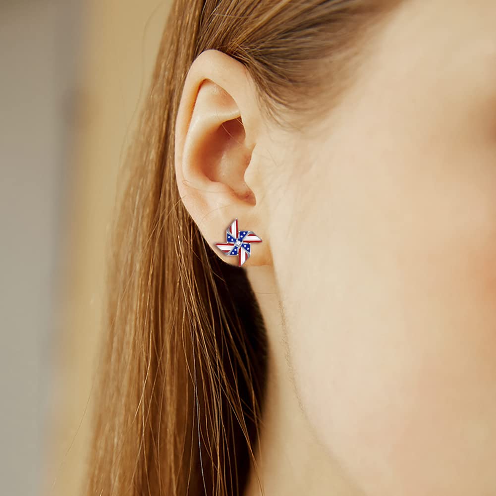 Silver USA American Flag Earrings - Patriotic Star Ears Stud Fourth of July Windmills Independence Day Hoop Jewelry Gift for Women Veterans
