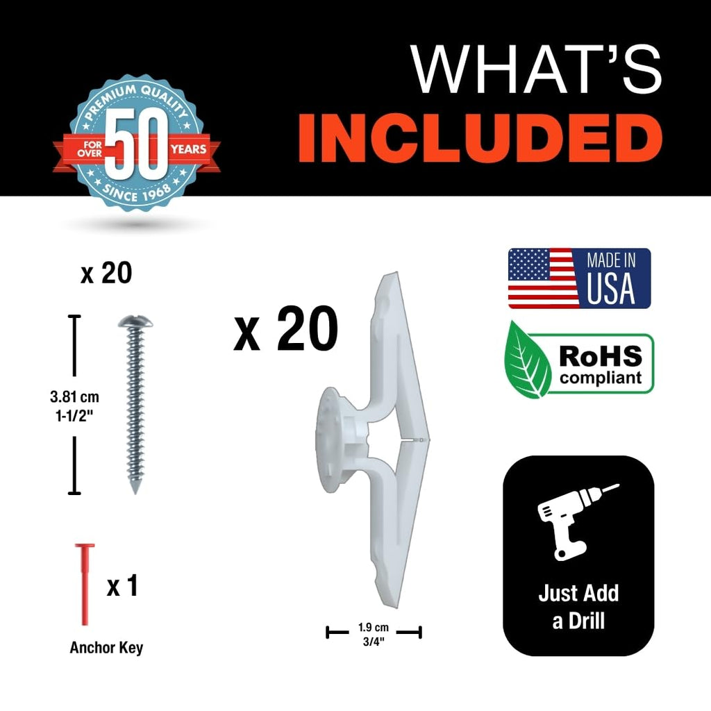 TOGGLER Toggle TB Drywall Anchor with Screws, 20 Pack, 3/8" to 1/2"