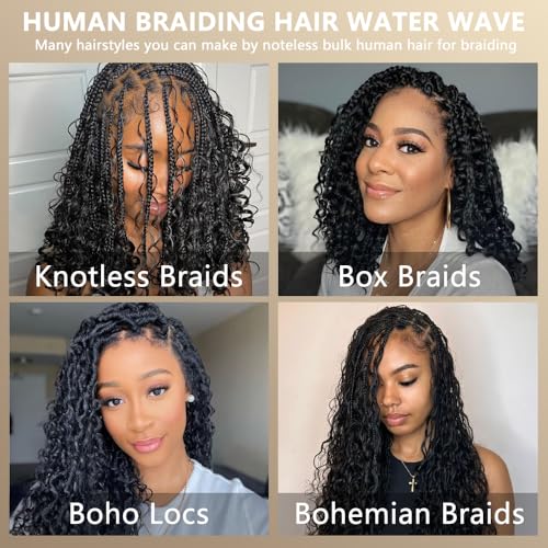 Human Braiding Hair 110g Water Wave Bulk Human Hair for Braiding 2 Bundles/Pack 14 Inch Wet and Wavy Boho Knotless Braids No Weft Brazilian Virgin Curly Extensions Black