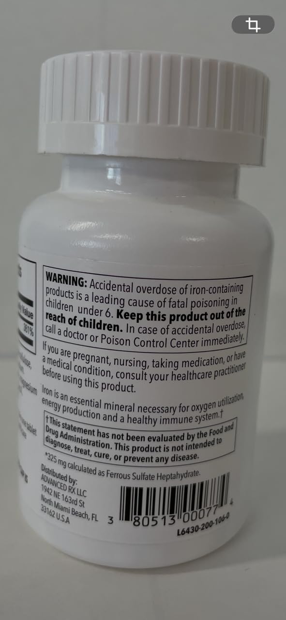 Puregen Labs Ferrous Sulfate 325 mg (65 mg Elemental Iron) High Potency Iron Supplement | No Artificial Color Additives - 600 Tablets