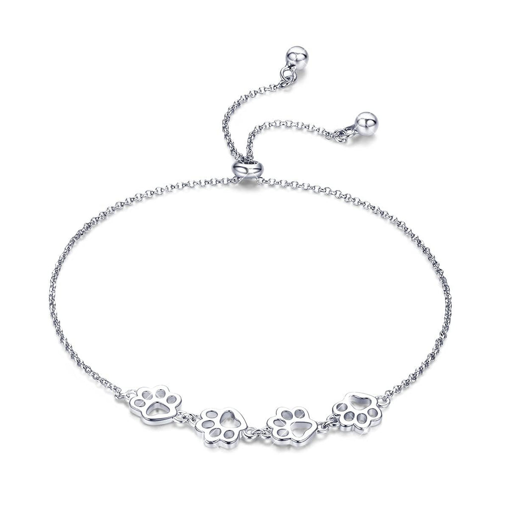 BISAER 925 Sterling Silver Cat Dog Paw Print Charm Bracelet for Women