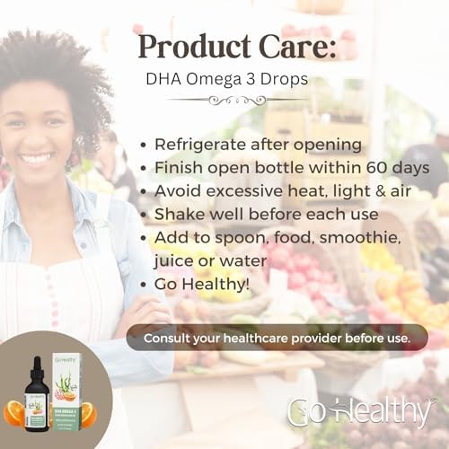 Go Healthy DHA Omega 3 Drops for Kids, Toddlers & Infants - Vegan Fish Oil Alternative - Supports Brain & Eye Development, Just 3 Ingredients, Organic Orange Flavor, 30-60 Servings