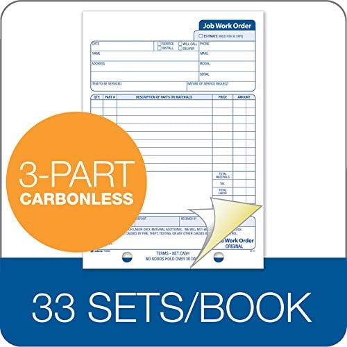 Adams Job Work Order Book, 3-Part Carbonless, White/Canary/White, 5-9/16 x 8-7/16 Inches, 33 Sets (T5868)