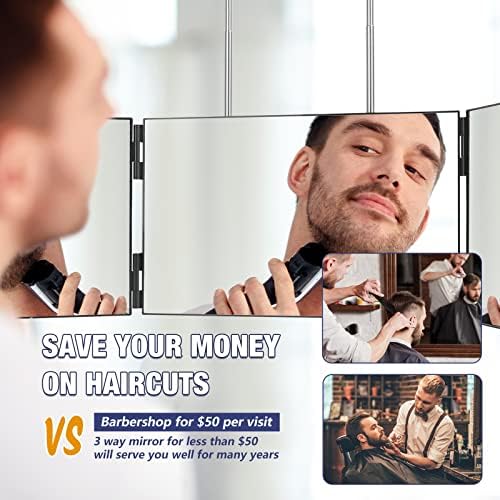 Dripex 3 Way Mirror for Self Hair Cutting, 360° Mirror for Men or Women, Trifold Self Haircut Mirror with Height Adjustable Hooks, for Makeup, Styling, Shaving, Braiding, Dye Hair (Black Without LED)