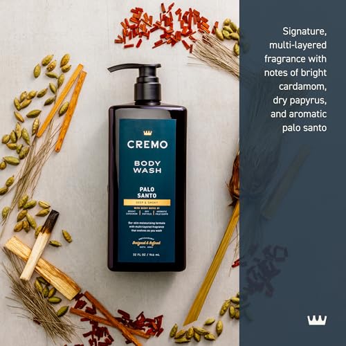 Cremo Rich-Lathering Palo Santo Body Wash for Men, Notes of Bright Cardamom, Dry Papyrus and Aromatic Palo Santo, 32 Fl Oz