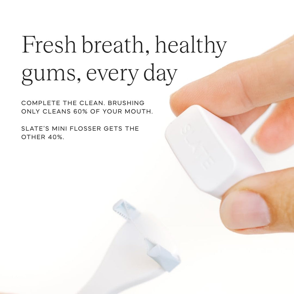 Slate Flosser Mini - Reusable Floss Pick with Gum Brush & Tongue Scraper, Dentist-Invented, PFAS/PTFE-Free, Travel-Ready | White Mini Flosser 2-Pack