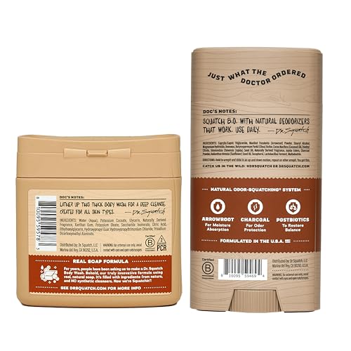 Dr. Squatch NEW Natural Body Wash and Deodorant for Men Gift Set - Wood Barrel Bourbon - Non-Exfoliating Body Wash (8 oz, 3 Pack) + Odor-Squatching, Aluminum Free Deodorant (2.65 oz, 2 Pack)