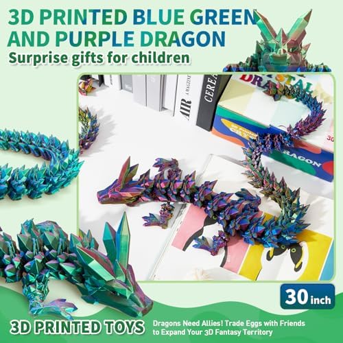 Large 3D Printed Dragon,30 Inch 3D Dragon Toys,Bigger Fidget Crystal Animals Toys, 3D Printed Articulated Animals for Home Office Car Desk Decor(Blue Green Purple)