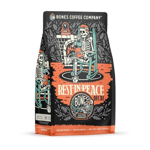 Bones Coffee Company Rest in Peace Flavored Coffee Beans, Whole Bean Coffee Medium Roast Low Acid, Decaffeinated (12 oz)