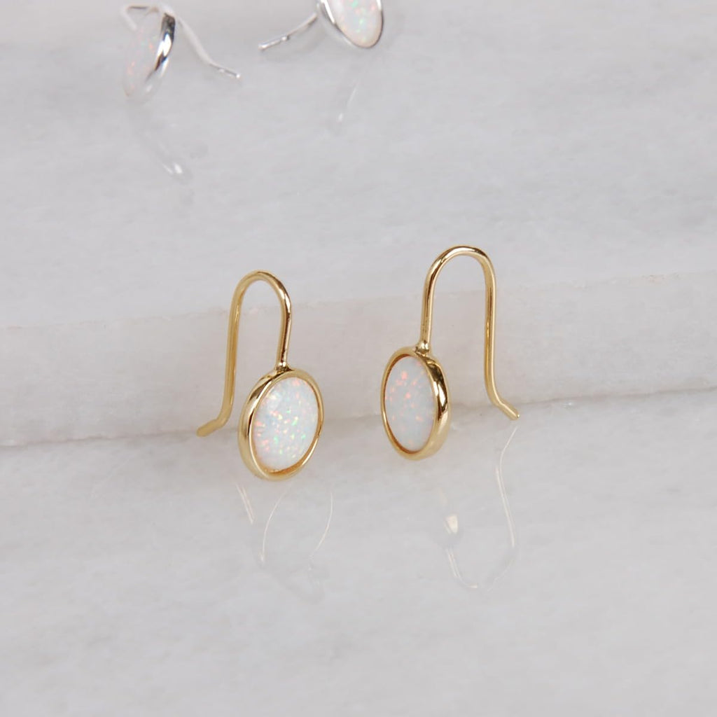 Created Opal Earrings for Women 14K Gold Plated - White Dangles for Brides