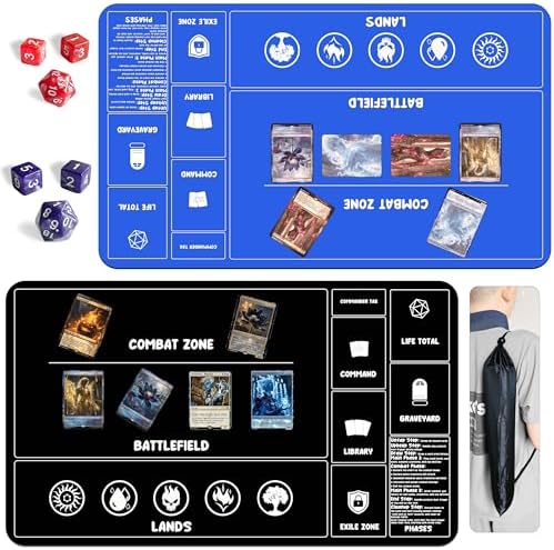 Card Game Playmats MTG Playmat for Beginner 2 Pack with Dices, Magic Mat Commander Deck Card Playmat for TCG MTG Accessories Play Mat 24x14 Inches Duel Card Battles, Black/Blue