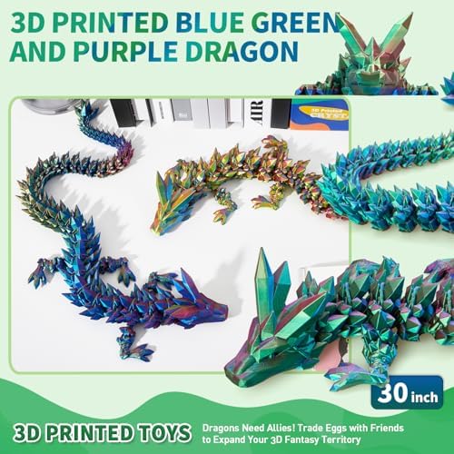 Large 3D Printed Dragon,30 Inch 3D Dragon Toys,Bigger Fidget Crystal Animals Toys, 3D Printed Articulated Animals for Home Office Car Desk Decor(Blue Green Purple)