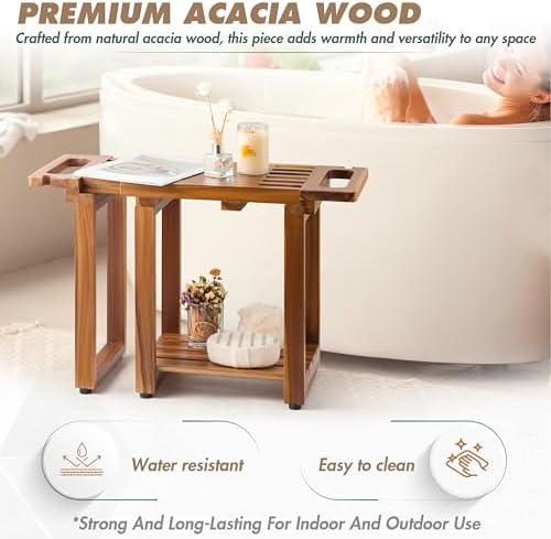 BLUEWEST Adjustable Shower Bench Stool for Inside Shower – 31.7'' Wood Bathroom Bench with Storage Shelf, Built-in Handle & Shower Head Holder, Waterproof Ideal for Sitting, Shelving Legs and Spa Use
