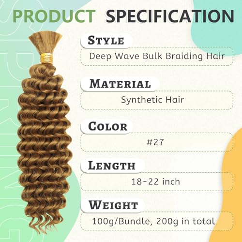 Deep Wave Bulk Braiding Hair for Boho Braids 18 Inch 2 Bundles 200g Honey Blonde Curly Boho Hair for Braiding No Weft Wet and Wavy Hair Extensions (#27)