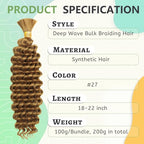 Deep Wave Bulk Braiding Hair for Boho Braids 18 Inch 2 Bundles 200g Honey Blonde Curly Boho Hair for Braiding No Weft Wet and Wavy Hair Extensions (#27)