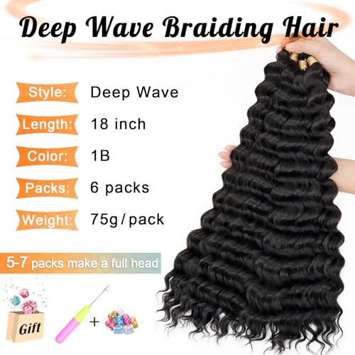 Eerya Ocean Wave Crochet Hair 18 Inch 6 Packs Deep Wave Crochet Hair for Black Women Synthetic Wavy Curly Braiding Hair for Boho Braids (18 inch,1B)