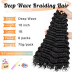 Eerya Ocean Wave Crochet Hair 18 Inch 6 Packs Deep Wave Crochet Hair for Black Women Synthetic Wavy Curly Braiding Hair for Boho Braids (18 inch,1B)
