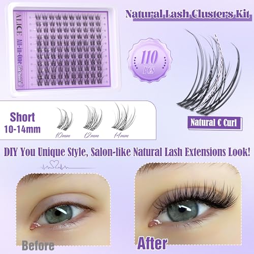 ALICE Natural Lash Extensions Kit Invisible Band Lash Clusters Kit Wispy10-14mm Eyelash Extensions C Curl Individual Cluster Lashes Kit with Lash Remover DIY at Home