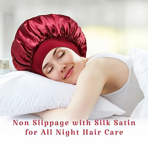 2pcs Double Layer Two-Color Satin Silk Hair Bonnet for Sleeping Women, Reversible Sleep Bonnets for Women, Wide Band Sleep Cap for Curly Hair Braids