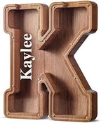 Summidate Customized Name Large Wooden Piggy Bank for Kids Boys Girls Alphabets Letter A-Z Coins Bills Money Change Bank Box Initial on Clear Cover (Laser Engraved) (Alphabet-K, Personalized-12)