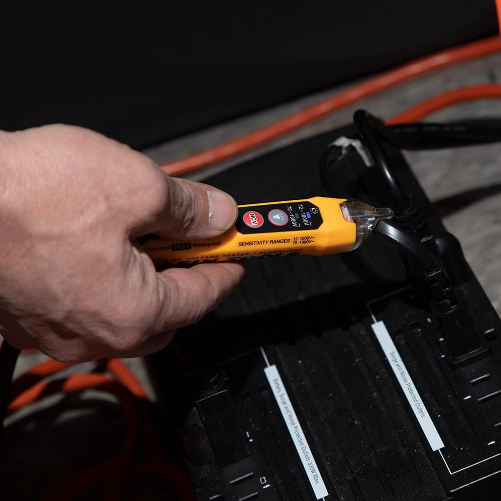 Klein Tools NCVT3P Dual Range Non Contact Voltage Tester, 12 - 1000V AC Pen, Flashlight, Audible and Flashing LED Alarms, Pocket Clip