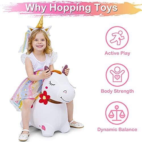 iPlay, iLearn Bouncy Pals White Hopping Horse, Inflatable Bouncing Animal Hopper Toy W/Pump, Plush Ride on Bouncer, Indoor Outdoor Birthday Gifts for 18 24 Month 2 3 4 5 Year Old Toddler Kid Boy Girl