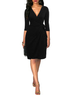 Berydress Women's 3/4 Sleeve V Neck Casual Party Work Faux Black Wrap Dress