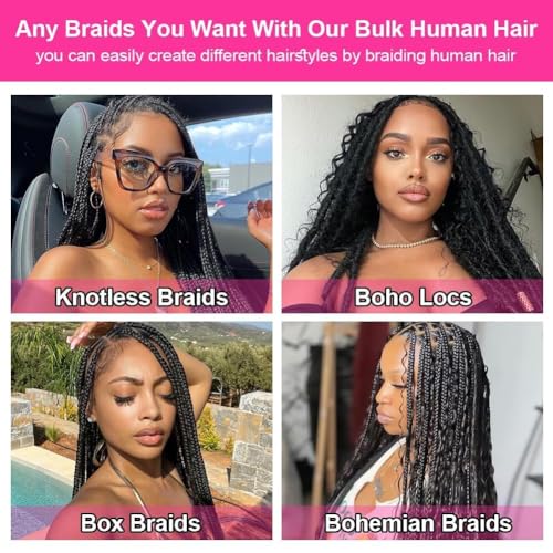 Human Braiding Hair 2 Bundles/Pack 100g Deep Wave Human Bulk Hair for Braiding No Weft 10A Brazilian Virgin Human braiding Hair for Boho Braids Extensions (Natural Color, 16 inch)