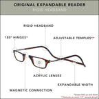 Clic Magnetic Reading Glasses for Men or Women, Computer Readers, Original Expandable (M-XL, Dark Demi, 2.00 Magnification)