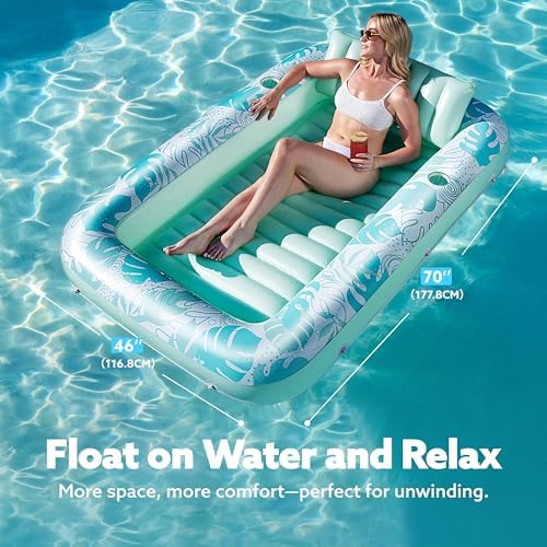 SLOOSH Inflatable Tanning Pool Lounger Float, 70" x 46" Pool Floats Adult with Pillow, 4 in 1 Suntan Tub Raft Floatie,Sunbathing Bed Lounge for Water Blow Up Kids Ball Pit Party Gifts, L-Cyan White