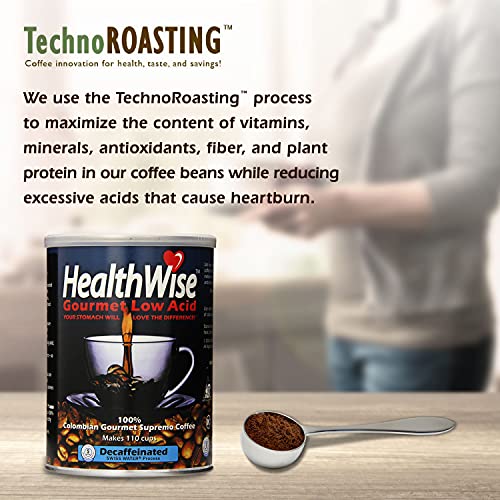 Healthwise Low Acid Decaf Ground Coffee, Chemical-Free Swiss Water Process, 99.9% Caffeine Free, 100% Colombian - Medium Roast, Healthier Coffee for Sensitive Stomachs -12 Ounce Cans (Pack of 5)