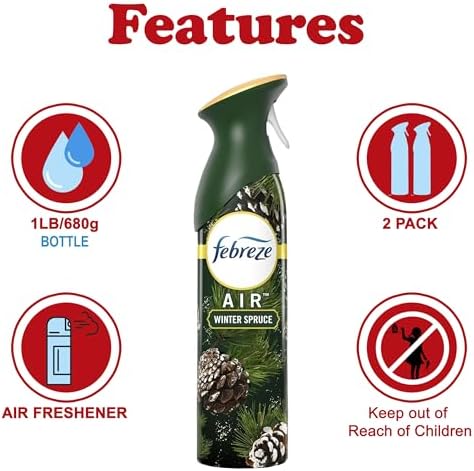 Febreze Air Freshener Winter Spruce, 2 Pack, Christmas Tree Pine Scent, Odor Eliminating Air Freshener Spray for Home and Bathroom, Limited Edition Holiday Collection, 8.8 oz Each
