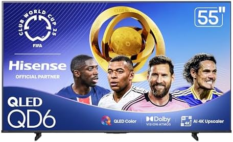 Hisense 55" Class QD6 Series (55QD6QF, 2025 Model) QLED 4K UHD Smart Fire TV, Voice Remote with Alexa, Dolby Vision, Dolby Atmos, Motion Rate 120, HDR 10+, Game Mode Plus, MEMC, VRR, ALLM