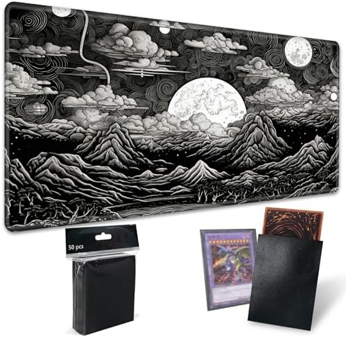 for MTG Playmat TCG Board Game Mat Plus 50 Pcs Card Sleeves, 24 x 14 Table Mats Black and White Landscape Game Mousepad with Soft Surface Non-Slip Base for MTG Trading Card Game Playmats