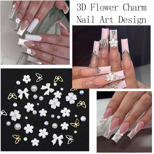 Flatback Nail Art Pearls Flower Bow Nail Charms with Nail Rhinestones Glue Gel Gold Silver Butterfly Nail Supplies Colorful Nail Pearls Rhinestones Gems for Women Acrylic Nail Decoratons