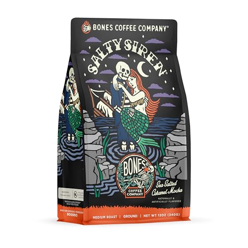 Bones Coffee Company Salty Siren Flavored Coffee Beans, Medium Roast Ground Coffee Low Acid, Caramel Chocolate Flavor (12 oz)