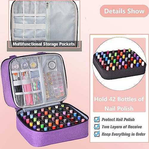 Nail Polish Organizer Case - Holds 42+ Bottles (15ml/0.5 fl.oz) and 1 Nail Lamp, Upgraded Double-layer Nail Polish Carrying Case Nail Polish Storage Bag with Handles (Purple)