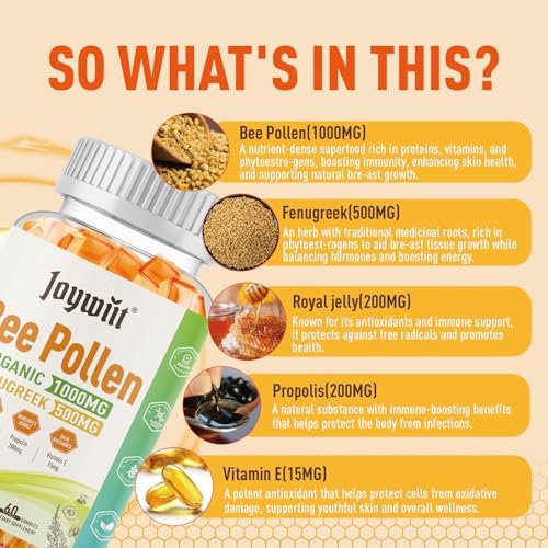 Bee Pollen 1000mg Sugar Free Gummies for Breast Growth, w/Fenugreek, Royal Jelly, Propolis, Organic Bee Pollen Supplement for Women, Rich in Vitamin E, Strengthen Immunity & Skin Care