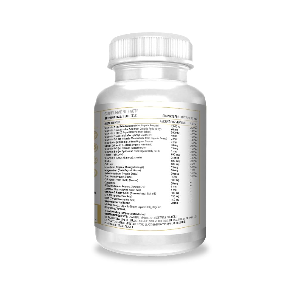 ACTIF Organic Multivitamin for Women Age 80+ with 20+ Advanced Factors and Omega-3 – Non GMO, Made in USA, 90 Count